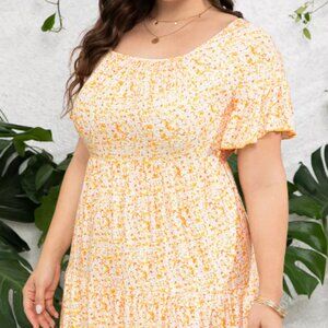 Women's Plus Size Floral V-Neck Dress Short Sleeve Knee Length A-line Mini Dress